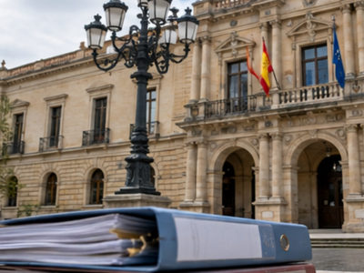 Edificiu institucional y espedientes alministrativos. Imaxe ilustrativa xenerada con IA.