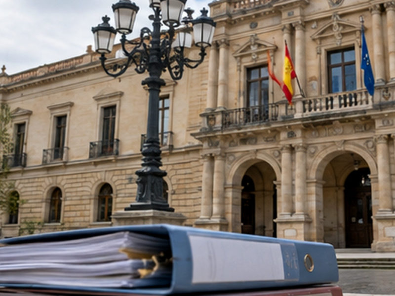 Edificiu institucional y espedientes alministrativos. Imaxe ilustrativa xenerada con IA.