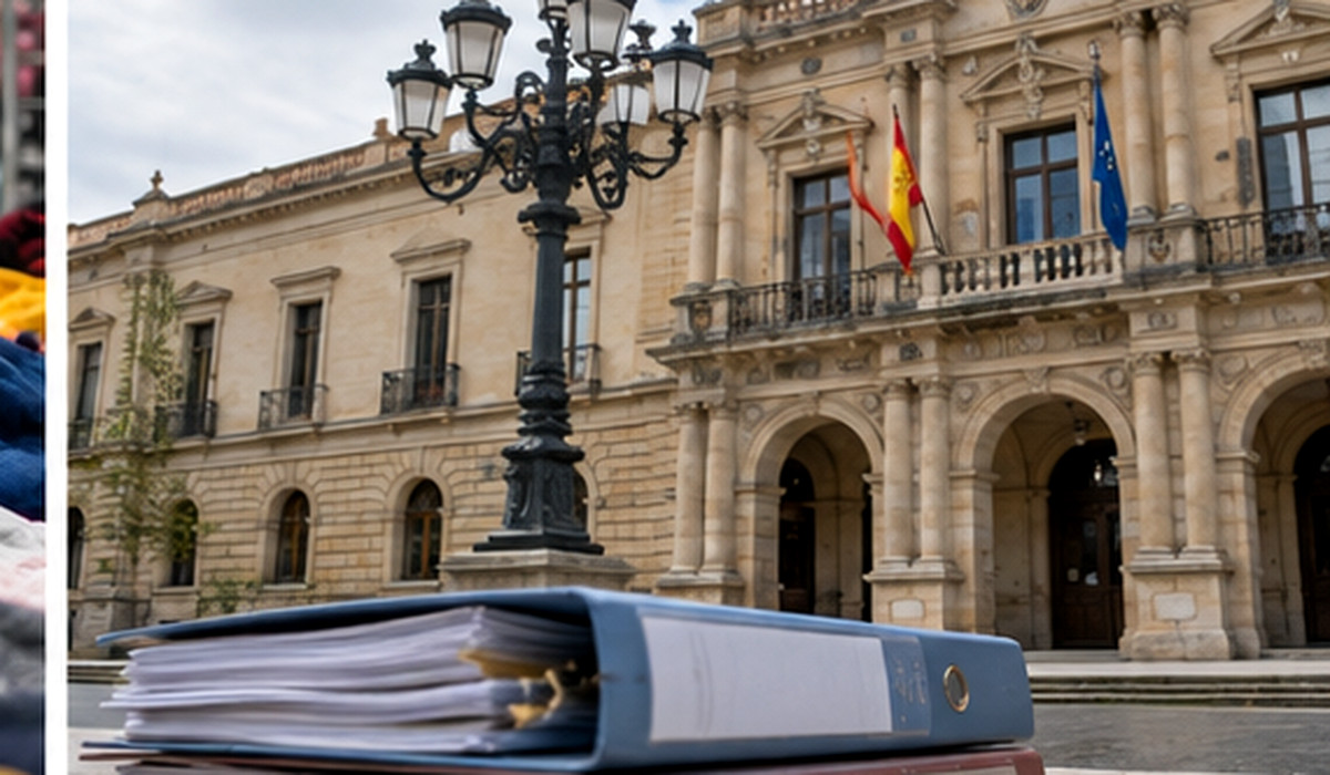 Edificiu institucional y espedientes alministrativos. Imaxe ilustrativa xenerada con IA.