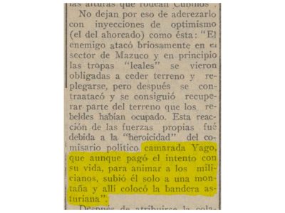 Recorte de prensa que relata cómo Yago alzó la bandera asturiana n’El Mazucu, col pasaxe resaltáu en mariellu.