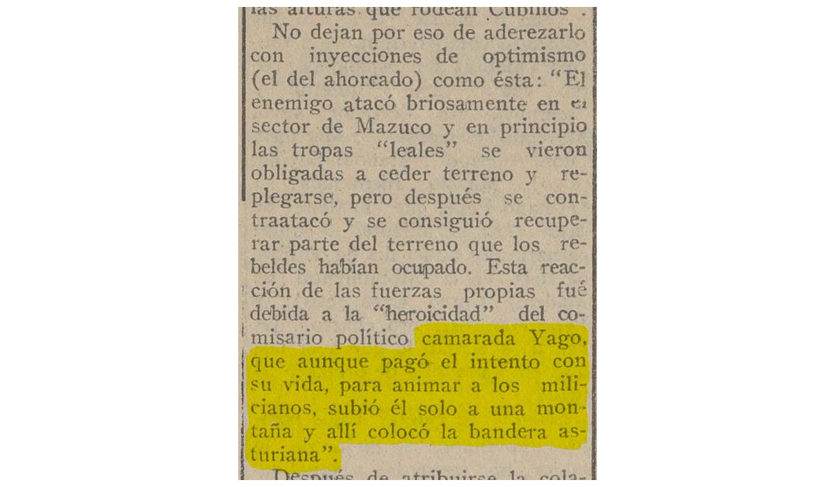 Recorte de prensa que relata cómo Yago alzó la bandera asturiana n’El Mazucu, col pasaxe resaltáu en mariellu.