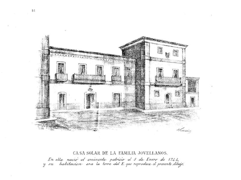 Dibuxu históricu de la casa de Jovellanos, espublizáu en 1884; nun ye una semeya actual.