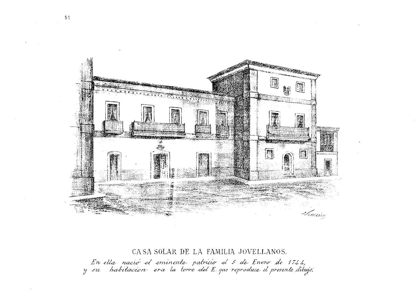 Dibuxu históricu de la casa de Jovellanos, espublizáu en 1884; nun ye una semeya actual.