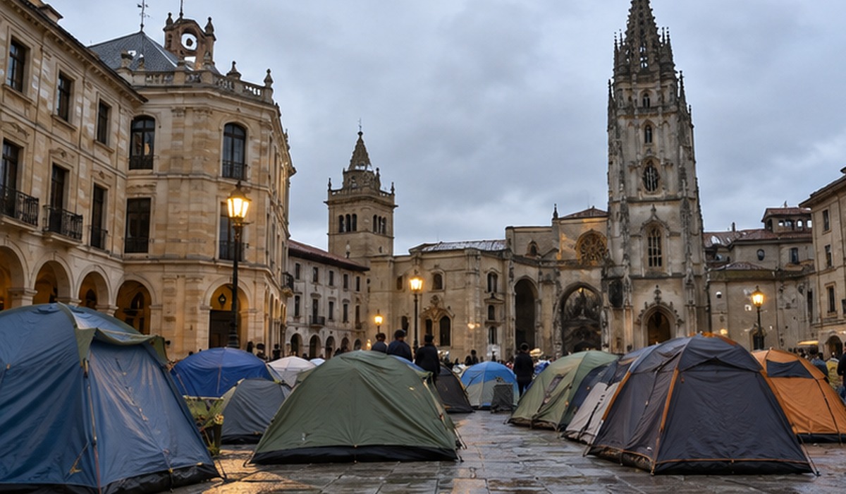 Tiendes de campaña nuna plaza urbana asturiana recreada con intelixencia artificial