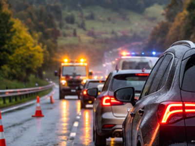 Vehículos deteníos nuna carretera moyada, con vehículos d’emerxencies al fondu