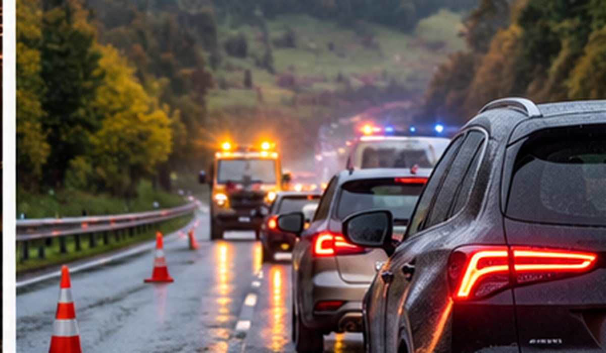 Vehículos deteníos nuna carretera moyada, con vehículos d’emerxencies al fondu