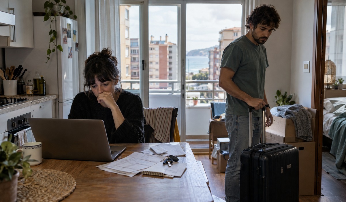 Dos persones nun pisu, una d’elles énte un ordenador y otra preparando una maleta.