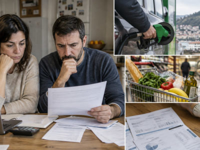 Dos persones sentaes nuna mesa de cocina revisen documentos y factures doméstiques