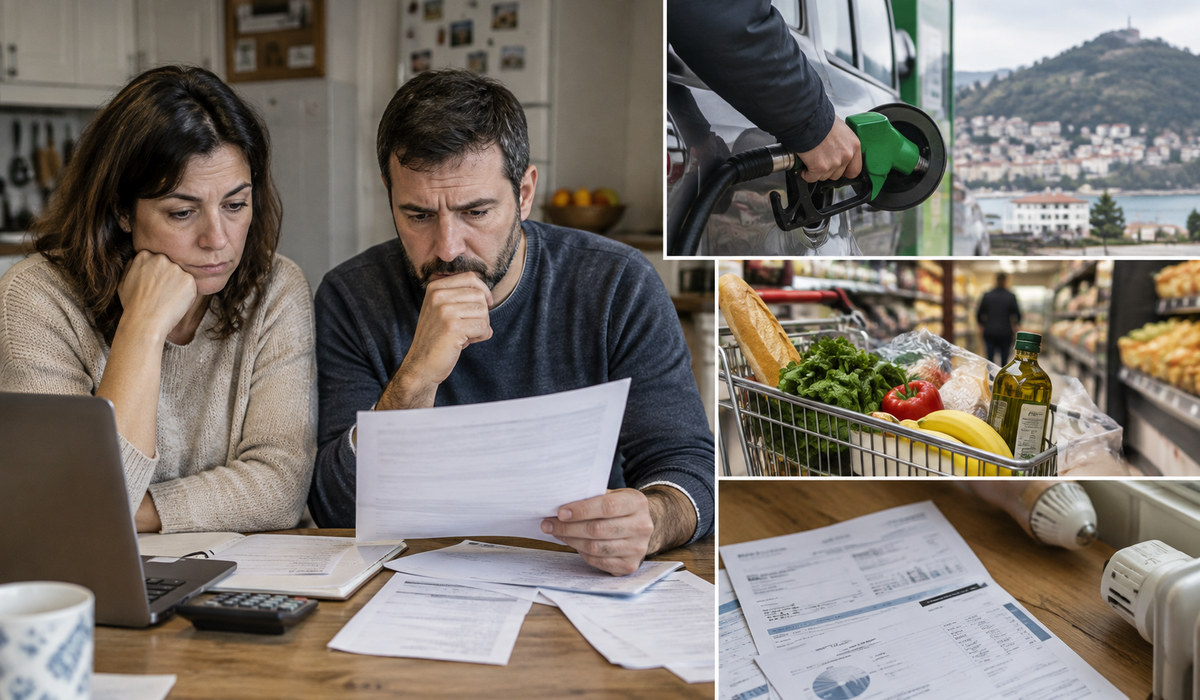 Dos persones sentaes nuna mesa de cocina revisen documentos y factures doméstiques