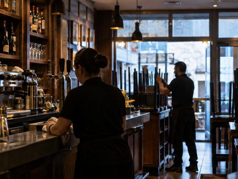 Interior recreáu d’un bar con personal trabayando y silles recoyíes