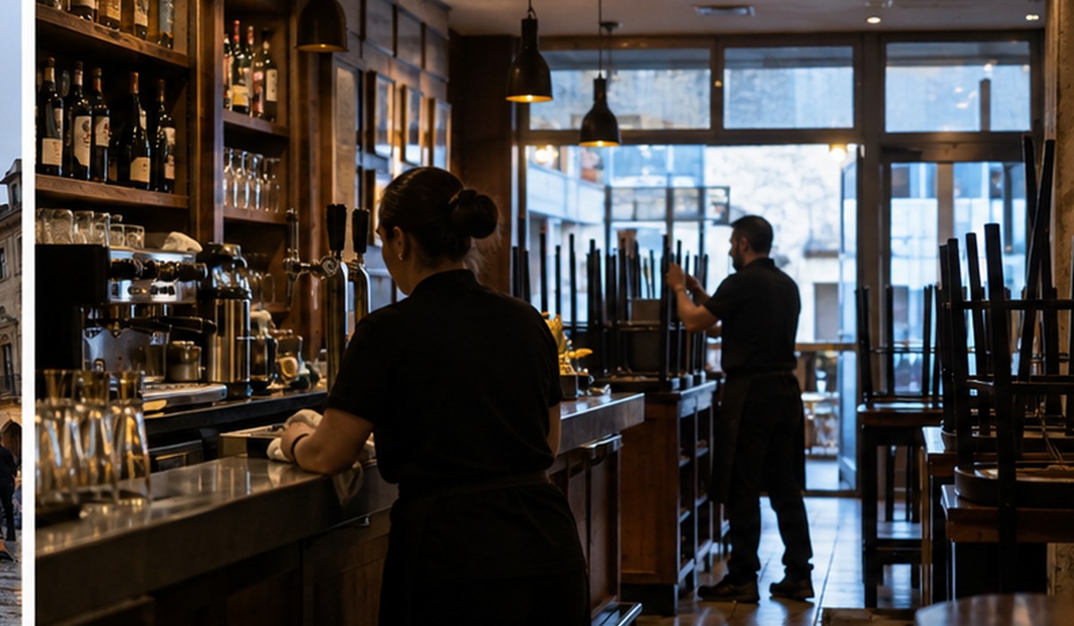 Interior recreáu d’un bar con personal trabayando y silles recoyíes