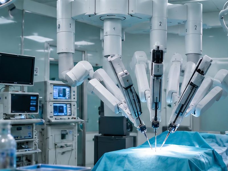 Robot quirúrxicu nun quirófanu ensin persones; ilustración xenerada con IA.