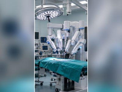 Sala d’operaciones con equipu quirúrxicu robóticu; recreación xenerada con IA.