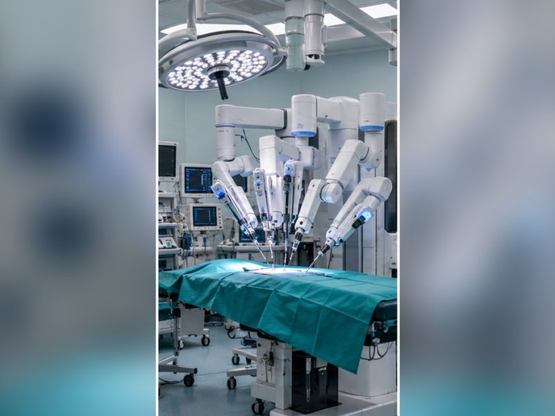 Sala d’operaciones con equipu quirúrxicu robóticu; recreación xenerada con IA.