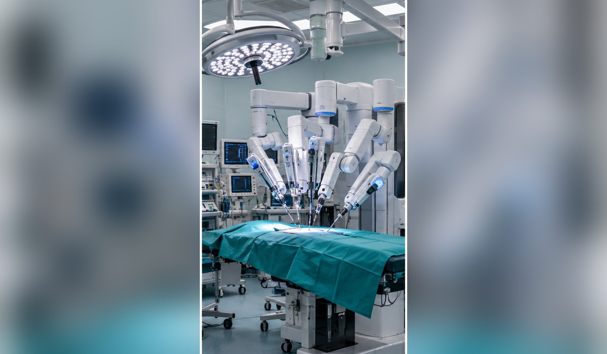 Sala d’operaciones con equipu quirúrxicu robóticu; recreación xenerada con IA.