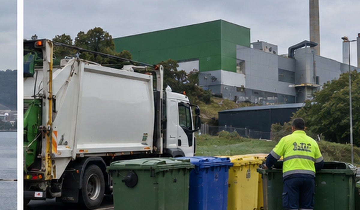 Camión de recoyida de residuos y contenedores nuna planta recreada con intelixencia artificial