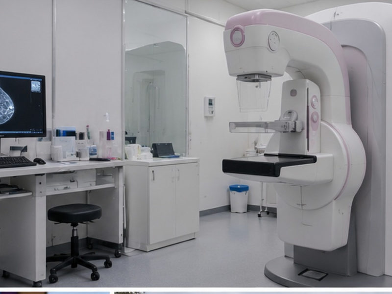 Illustración d’un equipu de mamografía nuna sala sanitaria