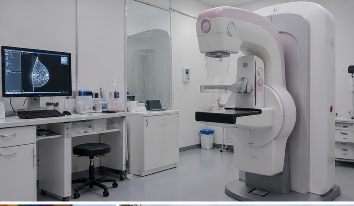 Illustración d’un equipu de mamografía nuna sala sanitaria