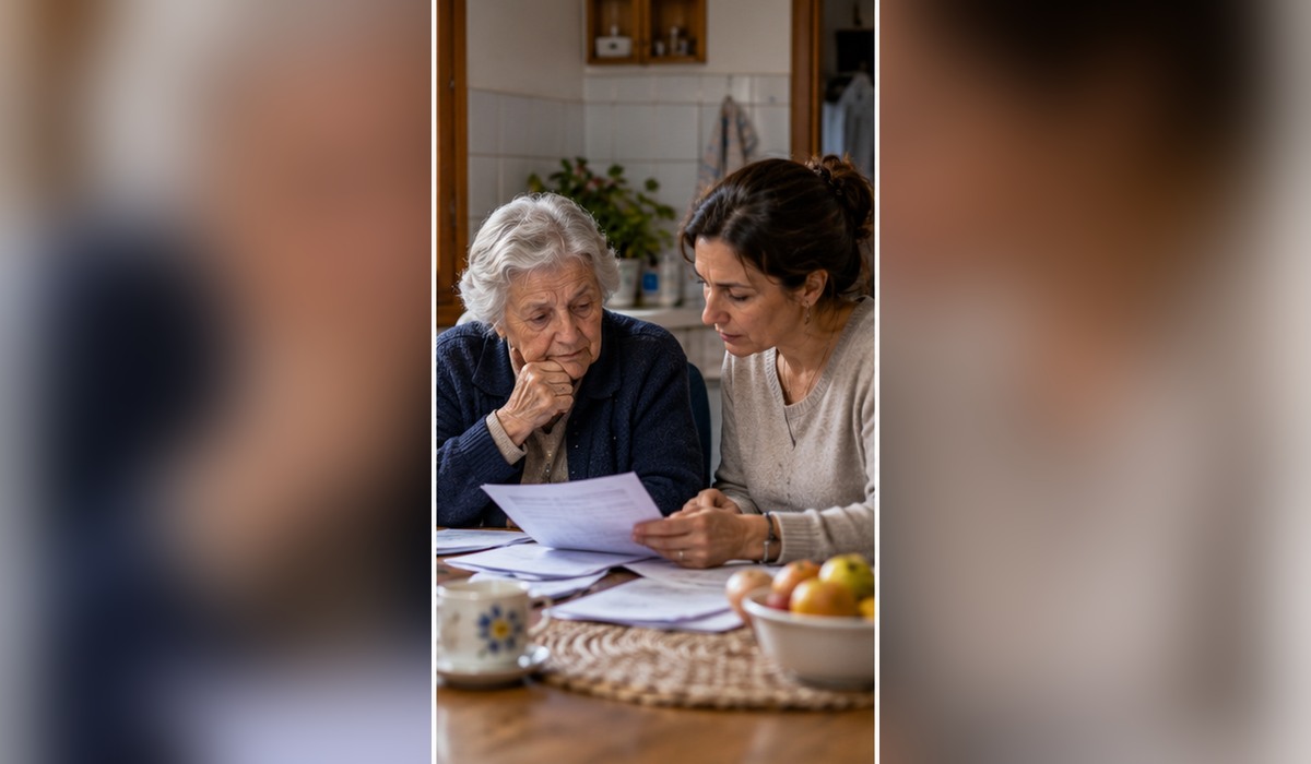 Una muyer mayor y una familiar revisen documentación na cocina; imaxe xenerada con IA.