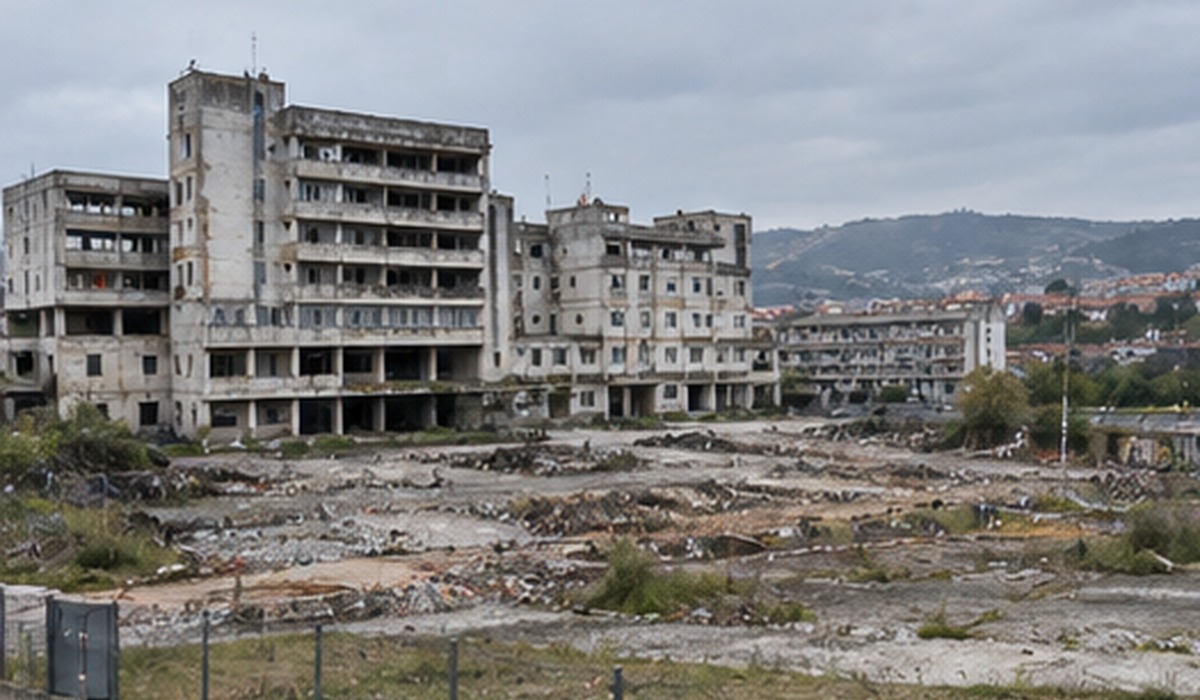 Edificios sanitarios abandonaos y terrén ensin urbanizar nuna recreación fotográfica