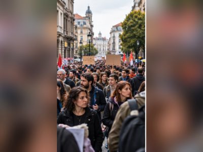 Manifestación ciudadana ilustrativa nuna cai urbana; imaxe xenerada con IA.