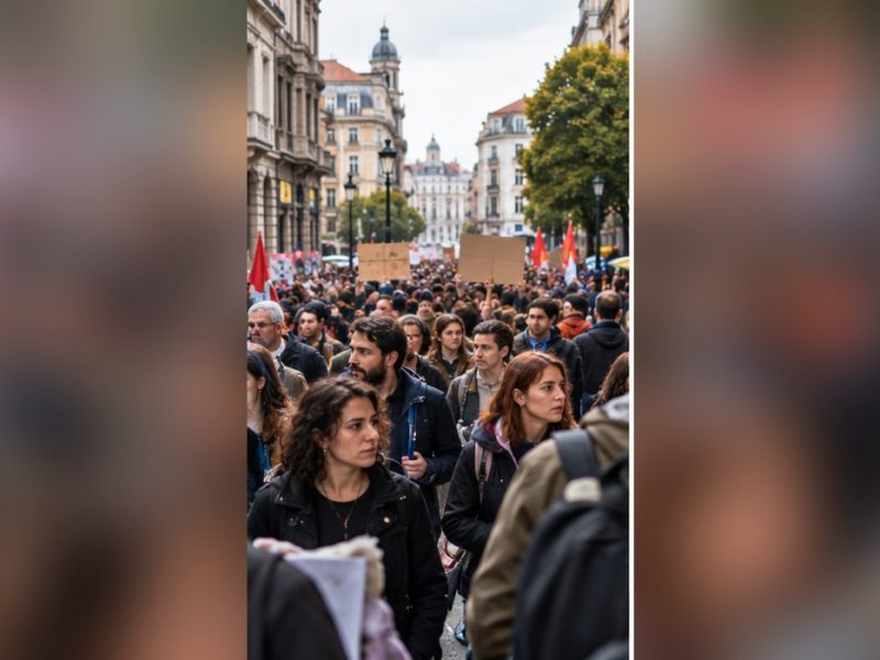 Manifestación ciudadana ilustrativa nuna cai urbana; imaxe xenerada con IA.