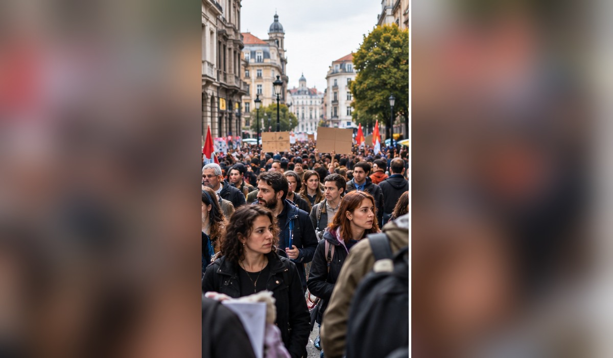 Manifestación ciudadana ilustrativa nuna cai urbana; imaxe xenerada con IA.
