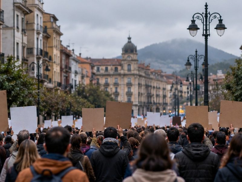 Manifestantes con pancartes ensin testu nuna cai; ilustración xenerada con IA.