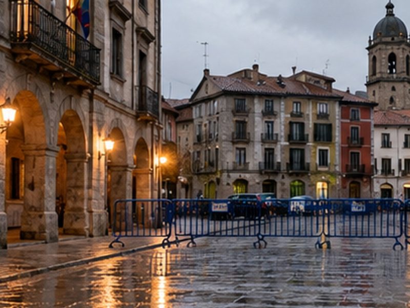 Plaza urbana con valles y pavimentu moyáu; ilustración xenerada con IA.