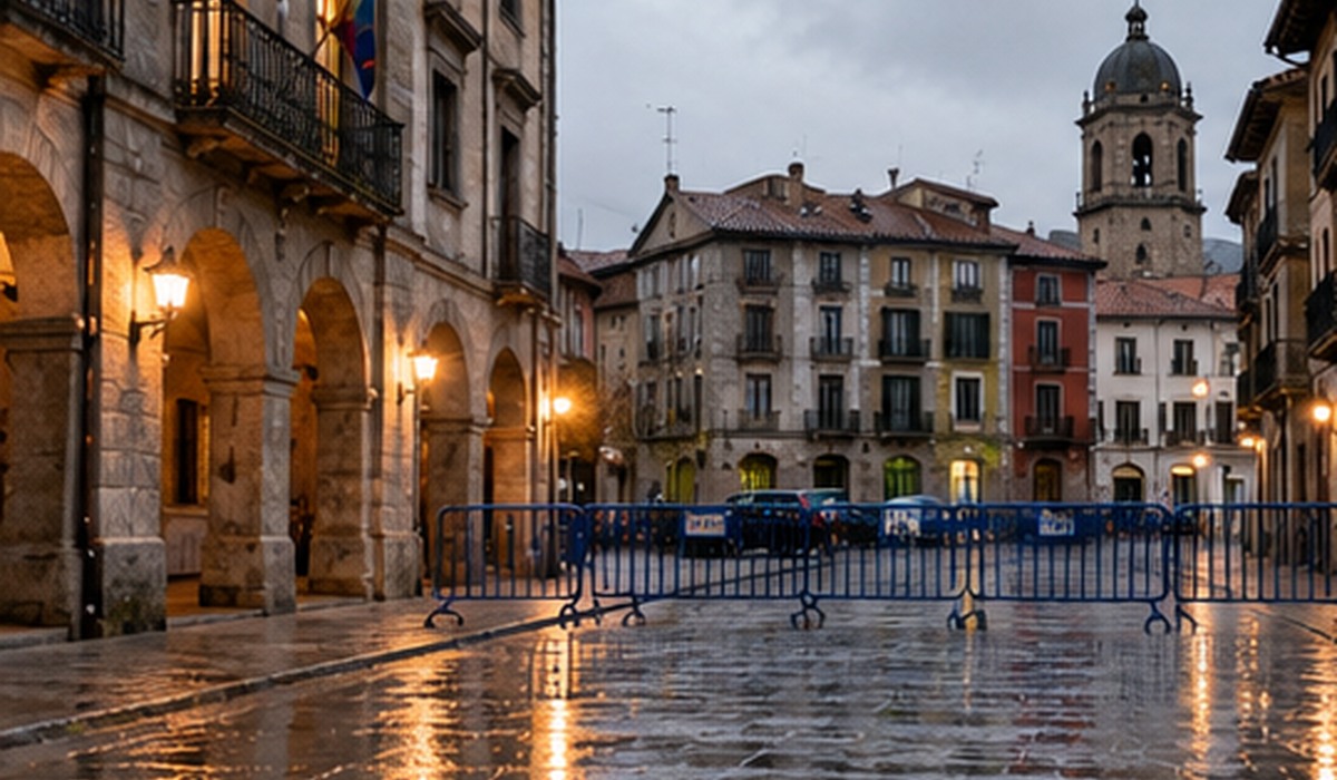 Plaza urbana con valles y pavimentu moyáu; ilustración xenerada con IA.