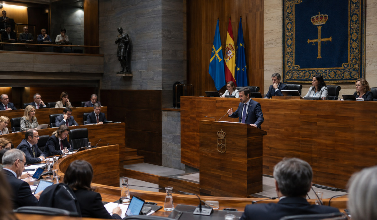 Vista d’una sesión parlamentaria recreada con persones sentaes en bancos y una intervención dende una tribuna
