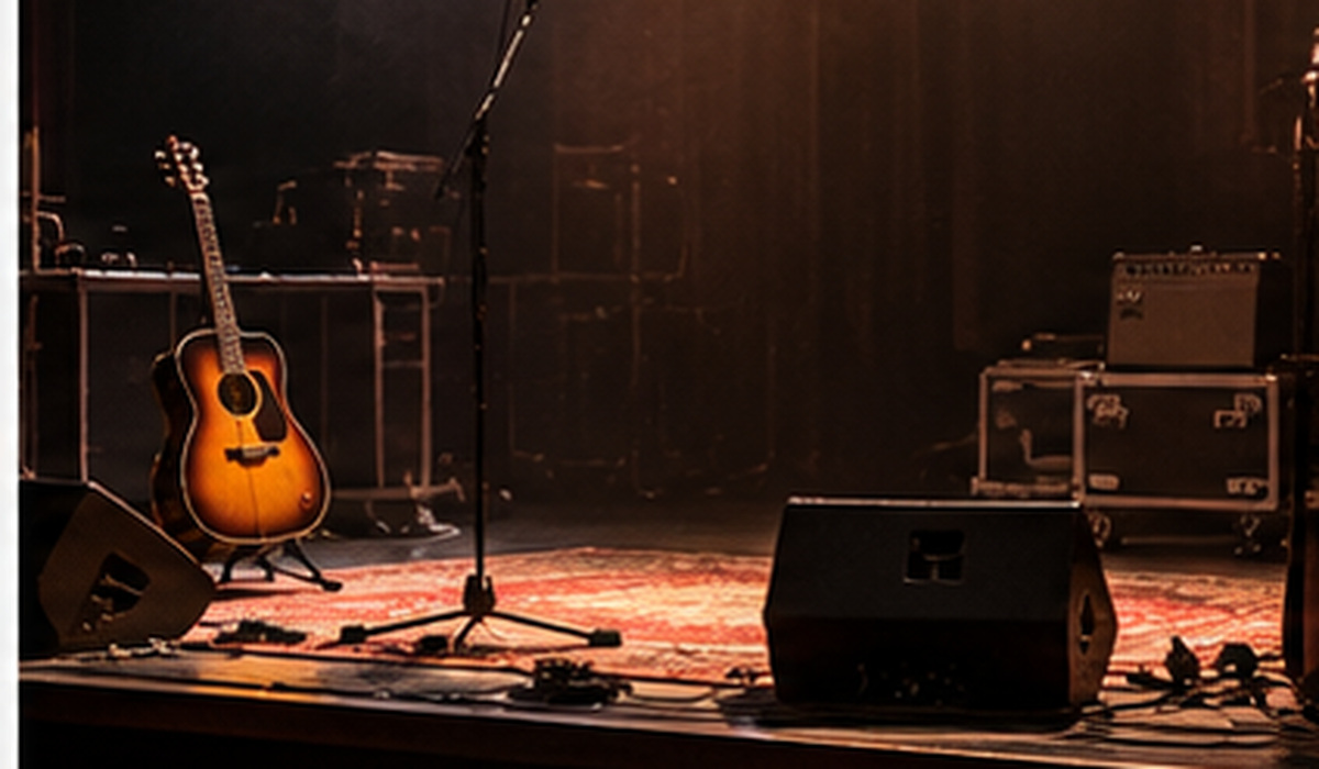 Escenariu vacíu con guitarra, micrófonos y lluz teatral, nuna illustración xenerada con IA