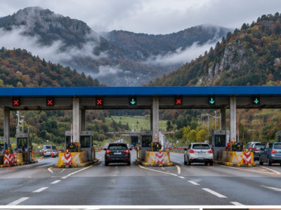 Illustración d’una estación de peaxe nuna autopista de montaña