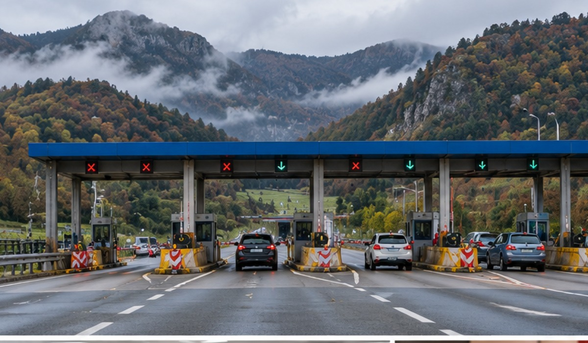 Illustración d’una estación de peaxe nuna autopista de montaña