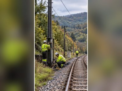 Operarios de ferrocarril xunto a les víes; imaxe xenerada con IA.