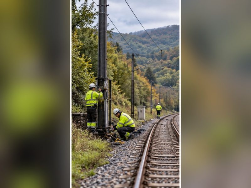 Operarios de ferrocarril xunto a les víes; imaxe xenerada con IA.