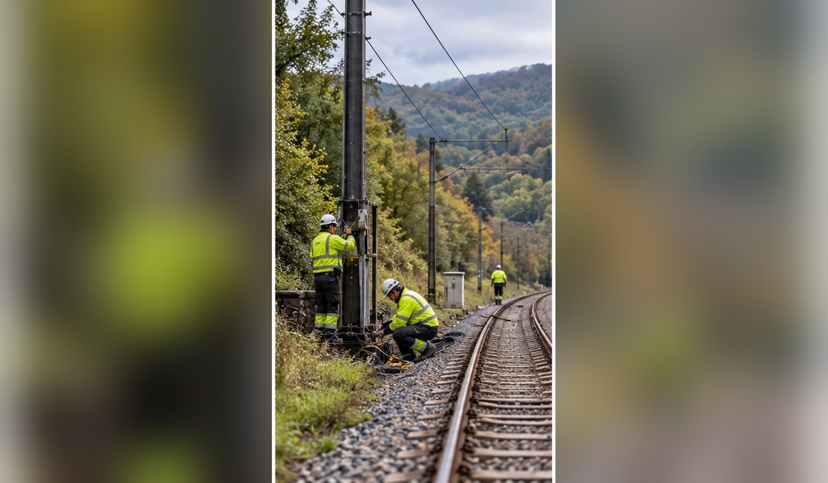 Operarios de ferrocarril xunto a les víes; imaxe xenerada con IA.