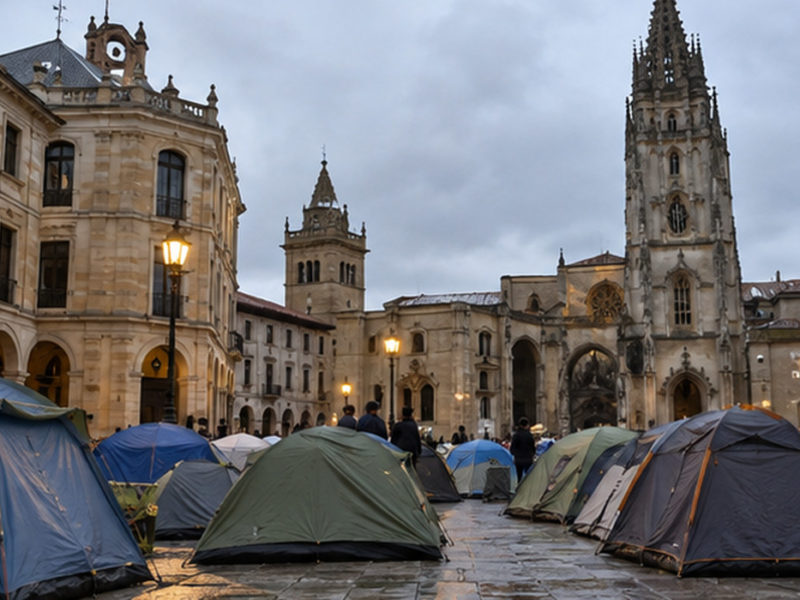 Tiendes de campaña nuna plaza urbana monumental, nuna escena recreada ensin cartelos