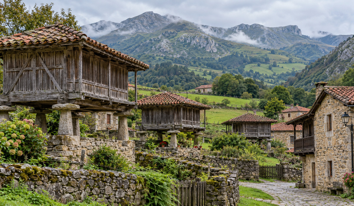Illustración d’una aldea asturiana ente montes y praderíes