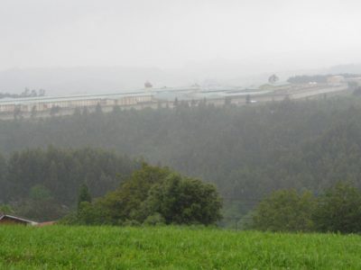 Vista esterior del Centru Penitenciariu d’Asturies, allugáu ente zones de monte y pradería.
