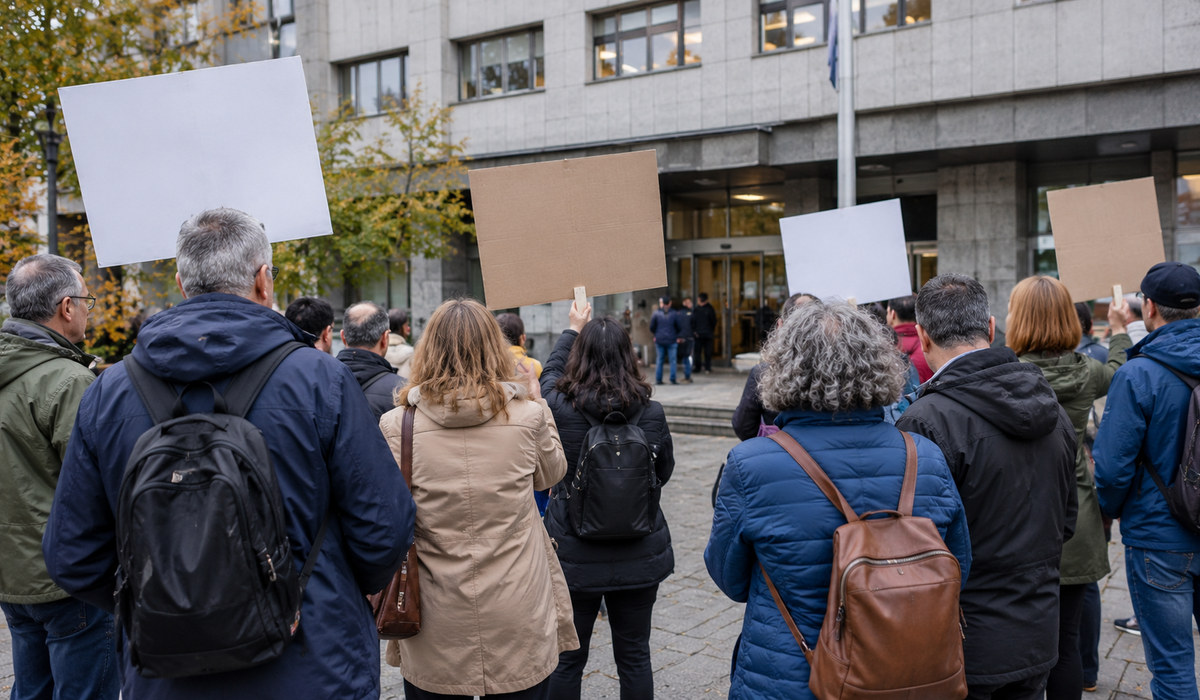 Un grupu de persones con pancartes ensin testu concentráu énte la entrada d’un edificiu públicu
